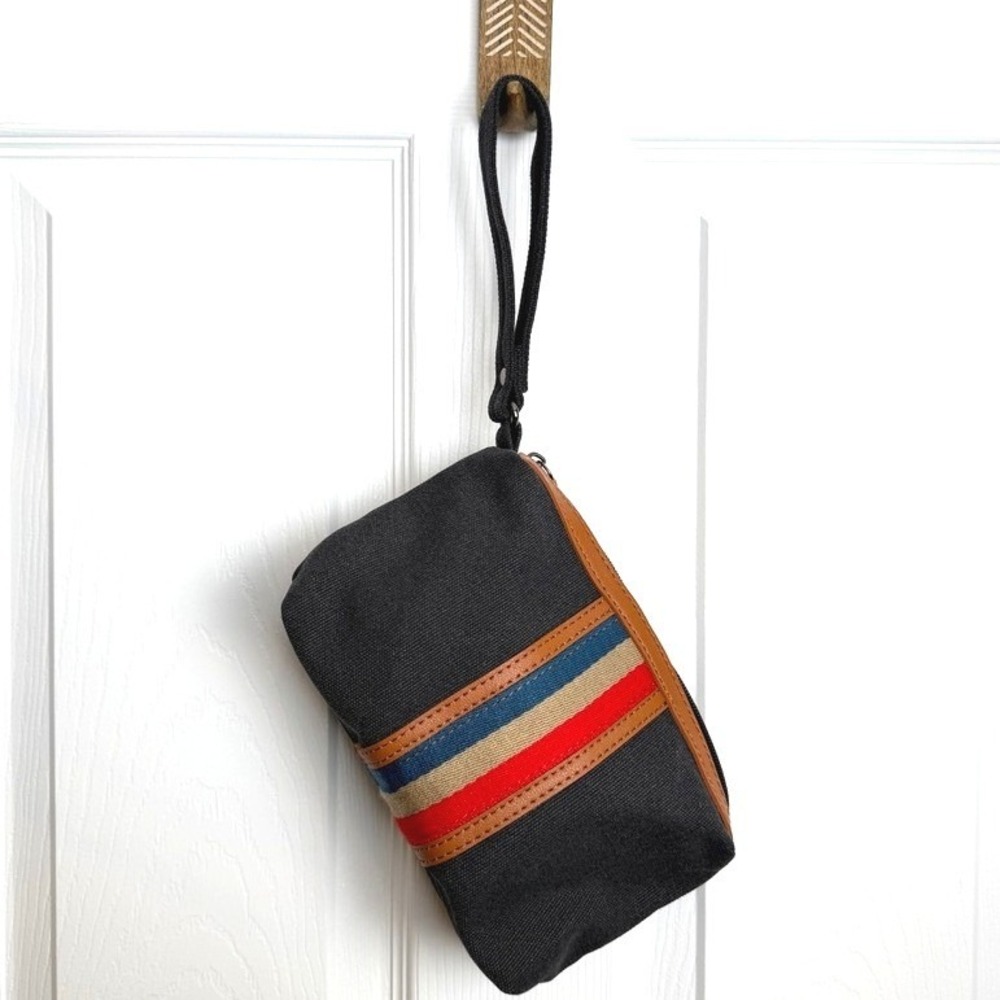 Canvas Wristlet Pouch Tan Trim Stripe Zipper‎ Closure Clutch Travel Toiletries